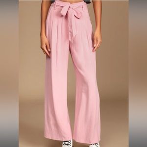 Light Pink Belted High-Waisted Wide-Leg Pants